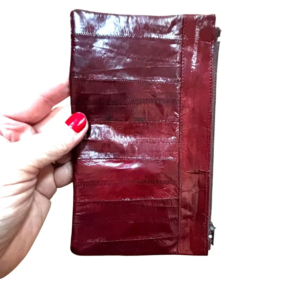 Vintage eel skin leather wallet zipper top pouch deep red slim 1980’s Korea